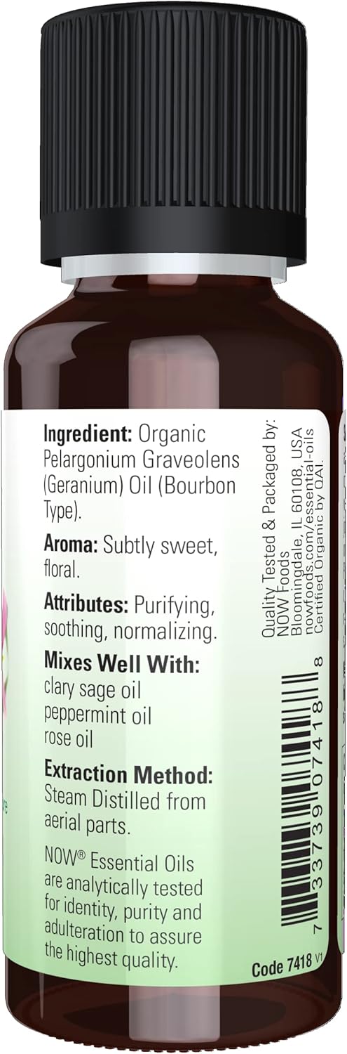 Now Essential Oils, Geranium Oil, Certified Organic, Soothing Aromatherapy Scent, Steam Distilled, 100% Pure, Child Resistant Cap, 1-Ounce