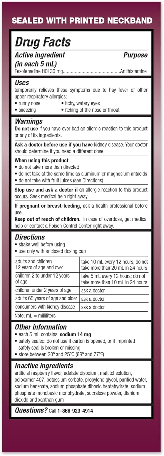 Taro Children'S 12Hr Allergy Relief Non-Drowsy Antihistamine Liquid, Berry Flavor, Alcohol-Free, Dye-Free & Sugar Free, Fexofenadine Hcl (4 Oz) : Health & Household