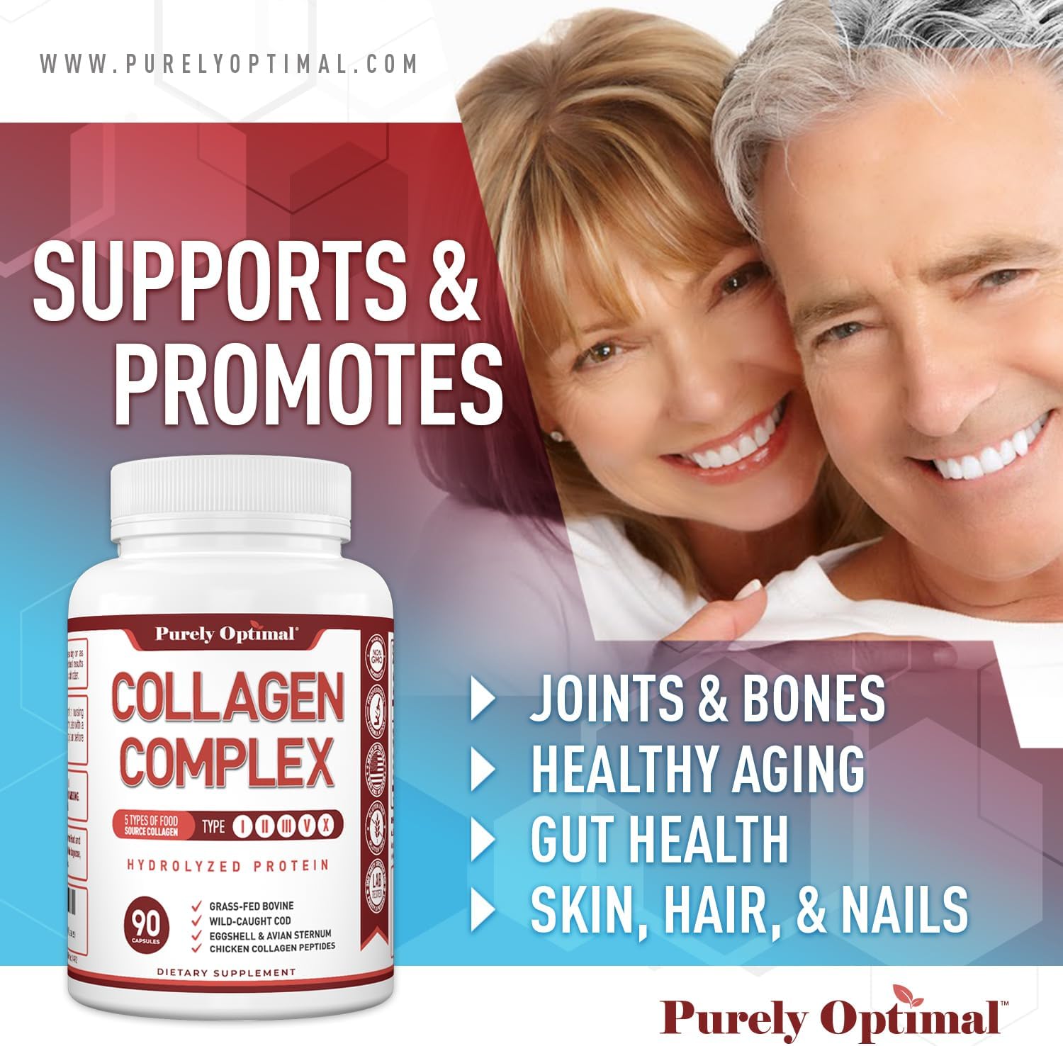 Purely Optimal Premium Multi Collagen Peptides Capsules (Types I, Ii, Iii, V, X) - Hair, Skin And Nails, Digestive & Joint Health Supplement, Hydrolyzed Collagen Pills (90 Capsules) : Health & Household