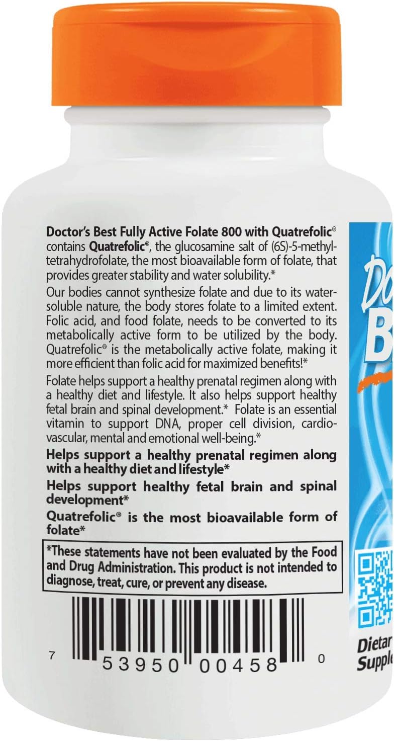 Doctor's Best Fully Active Folate with QuatreFolic, Non-GMO, Vegan, Gluten Free, 800 mcg, 60 Veggie Caps