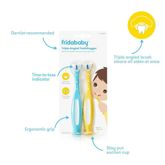 Frida Baby Triple-Angle Toothhugger Training Toddler Toothbrush | Toddler Toothbrush 2 Years And Up, Cleans All Sides At Once | 2 Pack (Yellow + Blue)