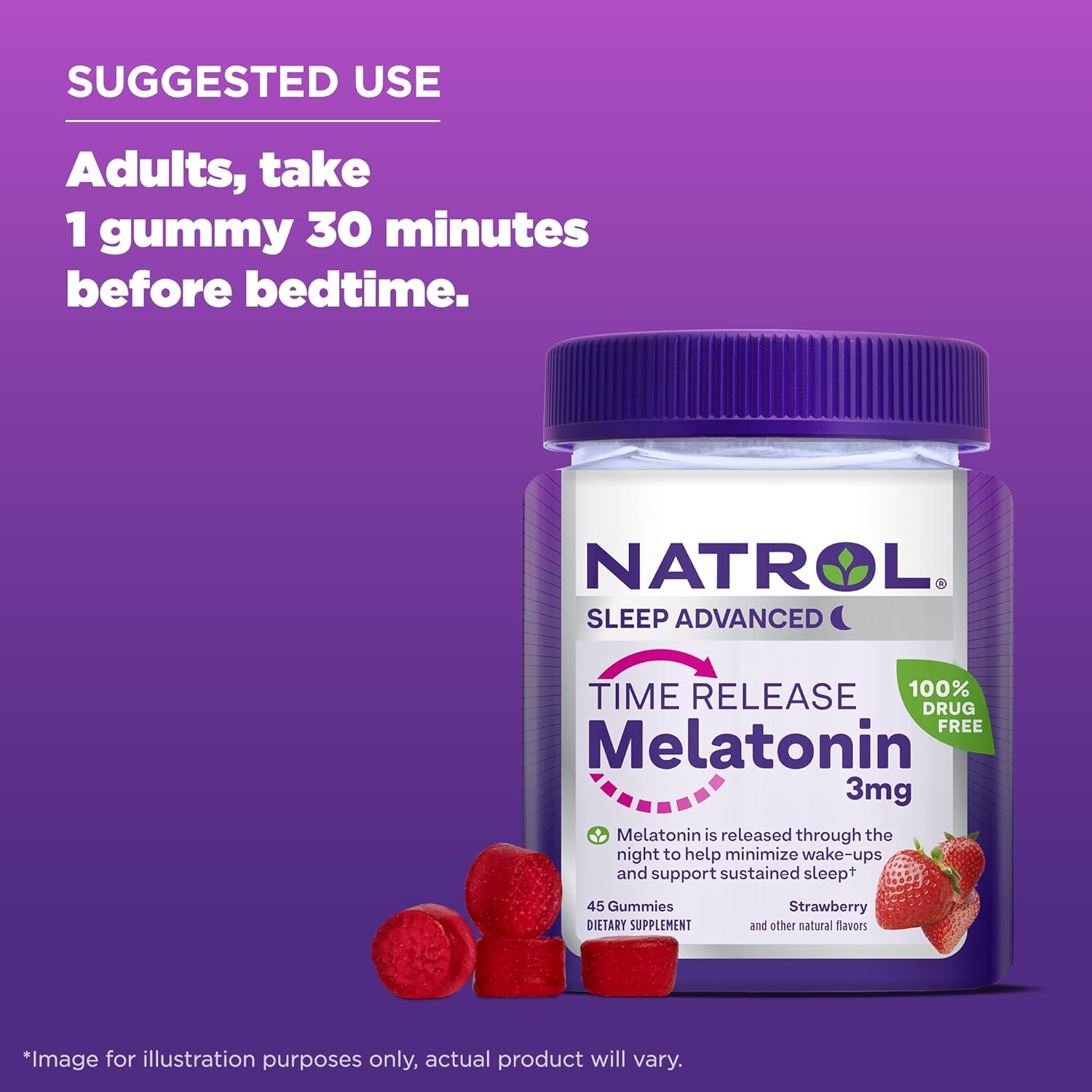 Natrol Time Release Melatonin 3 mg, Dietary Supplement for Restful Sleep, Sleep Gummies for Adults, 45 Strawberry-Flavored Melatonin Gummies, 45 Day Supply : Health & Household