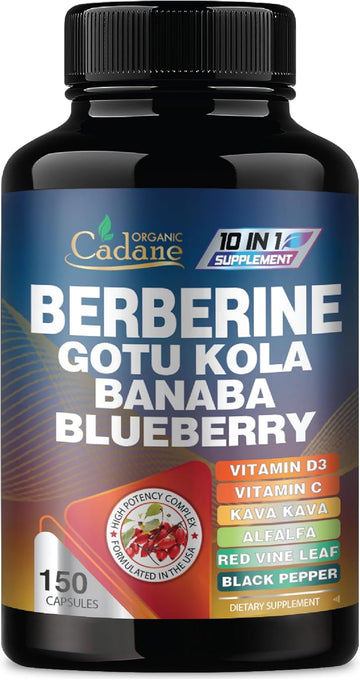 Organic Cadane Premium Berberine Extract 35:1 - Berberine Supplement 10In1 With Gotu Kola, Banaba Leaf & More - 150 Capsules For Immunity & Digestion System Support