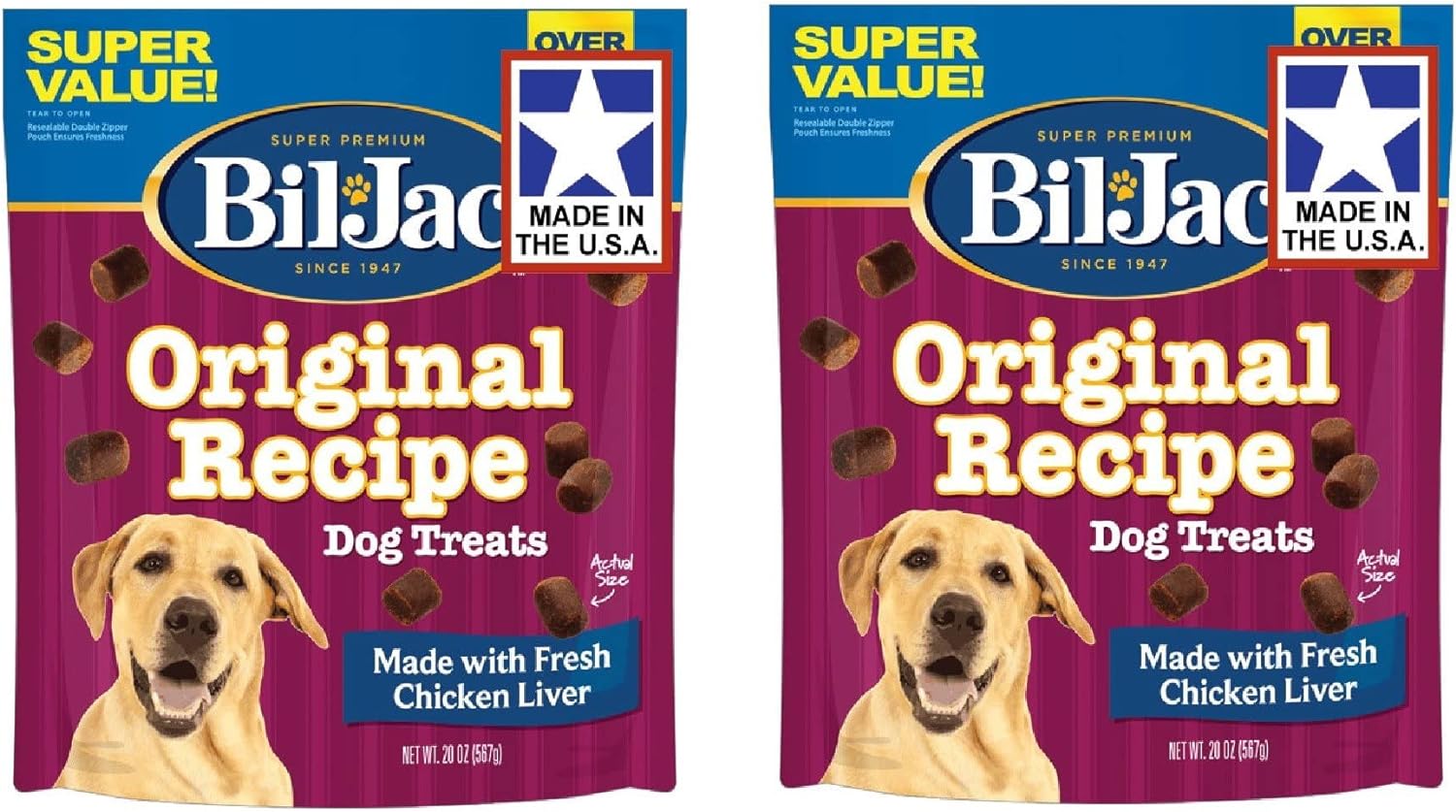 Bil-Jac Dog Treats - Original Recipe Chicken Liver Soft Puppy Training Treat Rewards, 20oz Resealable Double Zipper Pouch (2-Pack)