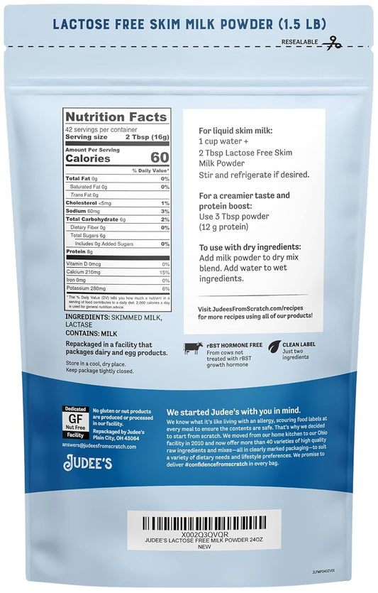 Judee’s Lactose Free Skim Milk Powder 1.5 lb (24 oz) - 100% Non-GMO and rBST Hormone-Free - Low Carb - Gluten-Free and Nut-Free - Made from Real Dairy - Great for Reconstituting and Baking