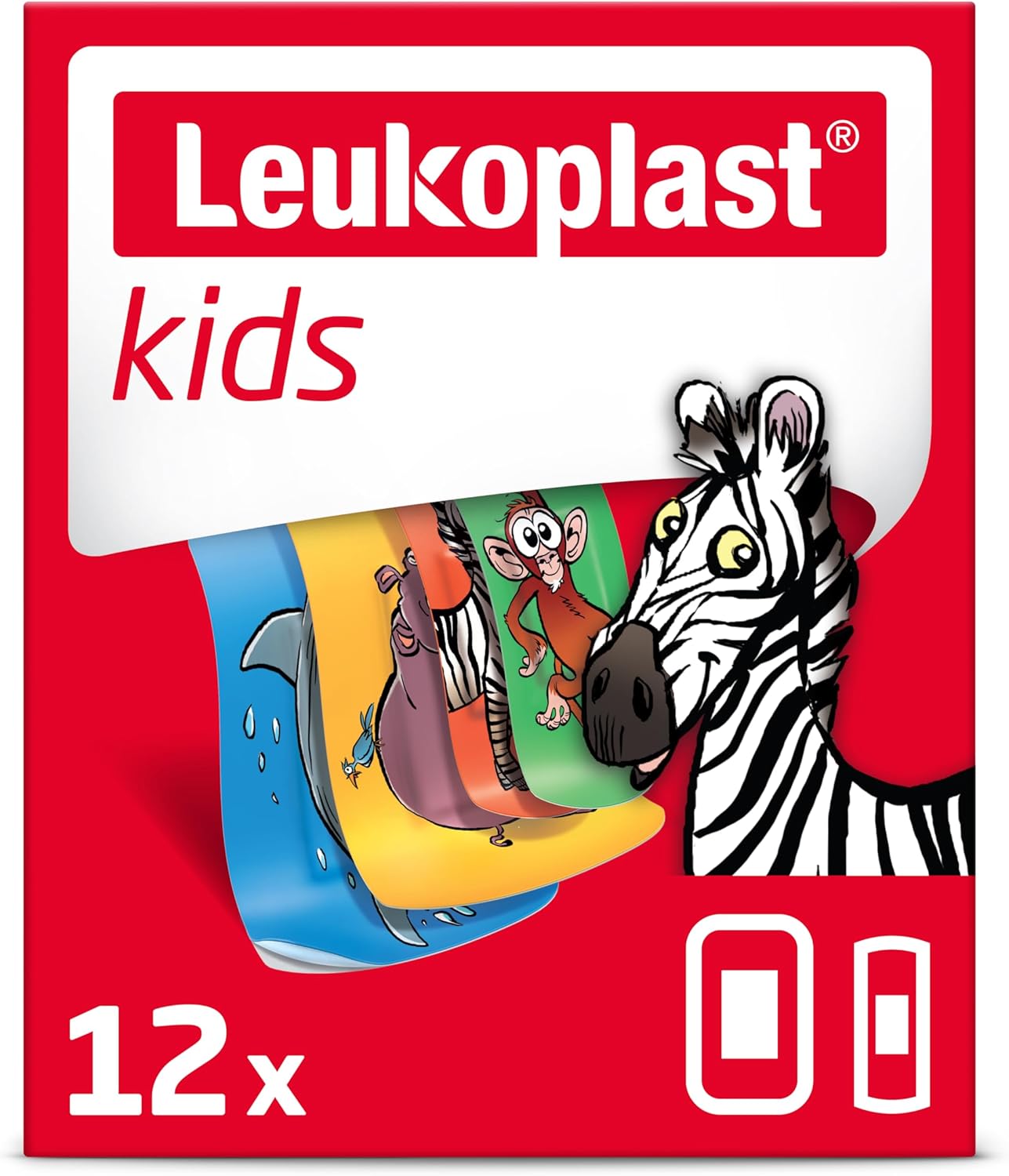 Leukoplast Kids Plasters - Sterile, Soft Absorbant Pads - Waterproof Skin Friendly Low Adhesive - Fun Animal Designs Zebra Monkey Hippo Shark - 12 Pcs (X3 Pack)