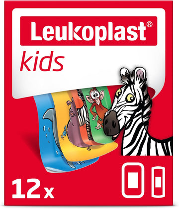 Leukoplast Kids Plasters - Sterile, Soft Absorbant Pads - Waterproof Skin Friendly Low Adhesive - Fun Animal Designs Zebra Monkey Hippo Shark - 12 Pcs (X3 Pack)