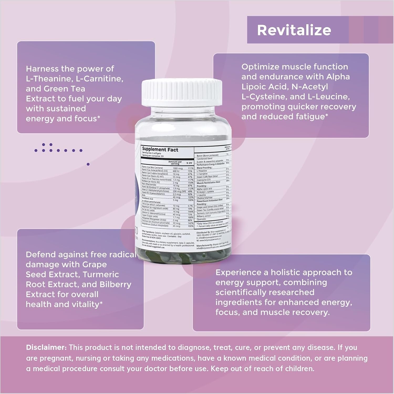 Briyo Revitalize - Energy Boost & Muscle Function Support: Enhances Energy Levels & Metabolism- Vitamins, Minerals, Green Tea, Turmeric Root, Amino Acids & More : Health & Household