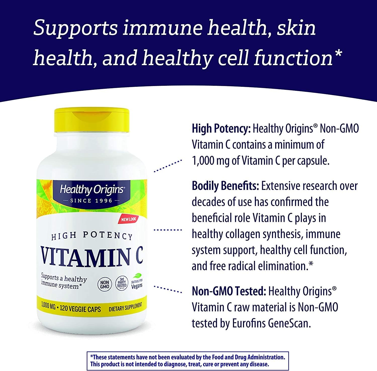 Healthy Origins Vitamin C (Non-GMO), 1,000 mg - Vegan Vitamin C - Ascorbic Acid for Immune Support - Supports Cell Function - Vegan, Gluten-Free & Non-GMO Supplement - 120 Veggie Capsules : Health & Household