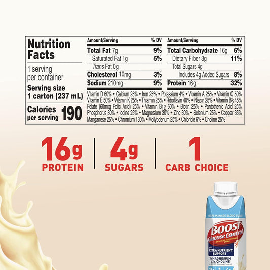 Boost Nutritional Drinks Glucose Control With Extra Nutrient Support Drink, Very Vanilla, Carton, 8 Fl Oz, Pack Of 24