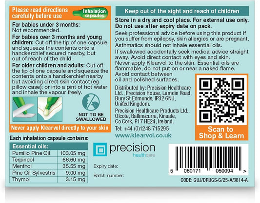 Klearvol Essential Oils Inhalation Capsules | From 3 Months + | Natural Vapours For Day And Night | For Sweet Dreams | Contains Pine Oil, Thyme And Menthol | 20 Capsules |