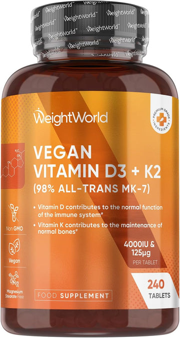 Vitamin D3 4000Iu & K2 125µg (Mk7) | 240 Easy To Swallow Vitamin D Tablets As Cholecalciferol | 8 Months Supply | Vit D3 K2 Supplements | 1 A Day Vit D