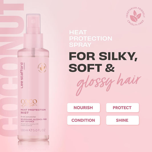 Lee Stafford Heat Protectant Spray For Hair | Coco Loco - Lightweight, Leave In Anti Frizz Humidity Control Thermal Defense Protectant, Flat Iron & Blow Dry Safe Shine Mist, Coconut Oil, 150 Ml