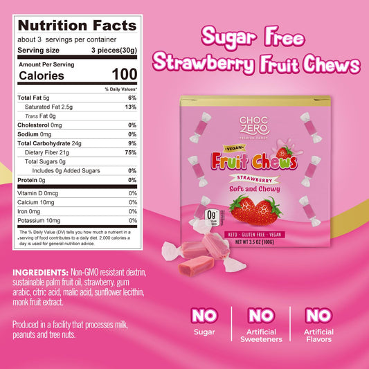 Choczero Sugar Free Strawberry Fruit Chews, All Natural Ingredients, Vegan, Keto Friendly, Soft And Chewy Candy, 3.5 Ounce Box (Pack Of 1)