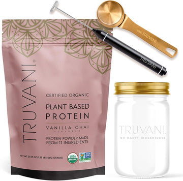 Truvani Vegan Vanilla Chai Protein Powder With Jar, Frother & Scoop Bundle - 20G Of Organic Plant Based Protein Powder - Includes Glass Jar, Portable Mini Electric Whisk & Durable Protein Powder Scoop