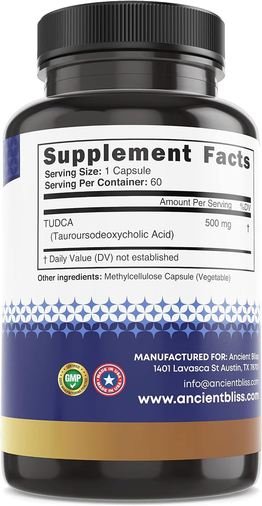 Ancient Bliss Tudca 500mg, 60 Capsules (Tauroursodeoxycholic Acid)- Bile Salts Liver Support Supplement, Natural Bitter Taste- Vegan Friendly, Non GMO, Gluten Free Capsules