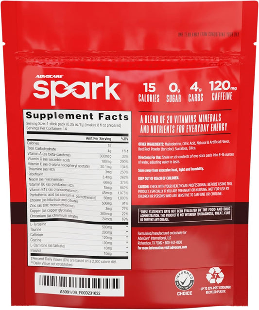 Advocare Spark Vitamin & Amino Acid Supplement - Focus & Energy Drink Powder Mix With Vitamin A, B-6, C & E - Also Includes L-Carnitine & L-Tyrosine - Cherry, 14 Stick Packs