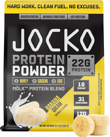 Jocko Mölk Whey Protein Powder 22G Low Sugar Monk Fruit Blend - Muscle Recovery & Growth, Packaging May Vary (31 Servings, Banana Cream)