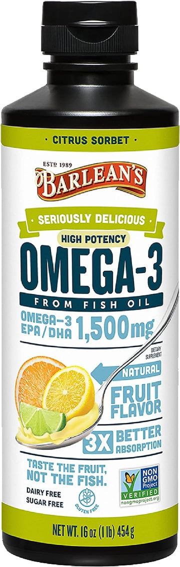 Barlean's Citrus Sorbet High Potency Omega 3 Fish Oil Liquid Supplemen