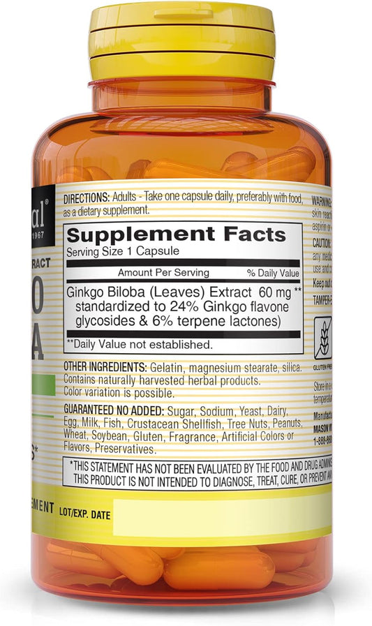 MASON NATURAL Ginkgo Biloba - Improve Mental Alertness, Supports Optimal Brain Function, Herbal Supplement, 60 Capsules