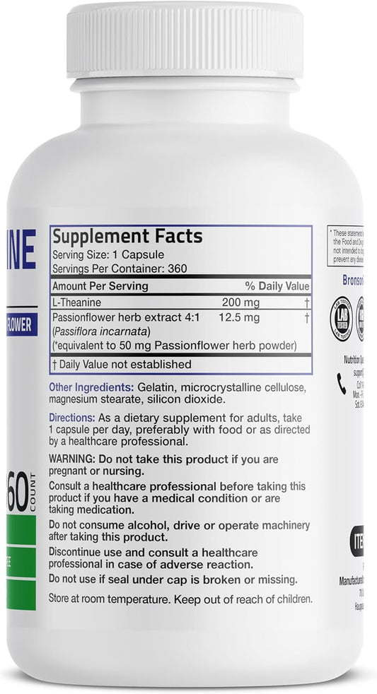 Bronson L-Theanine 200Mg (Double-Strength) With Passion Flower Herb, Non-Gmo Gluten-Free Soy-Free Stress Management Supplement, 360 Capsules