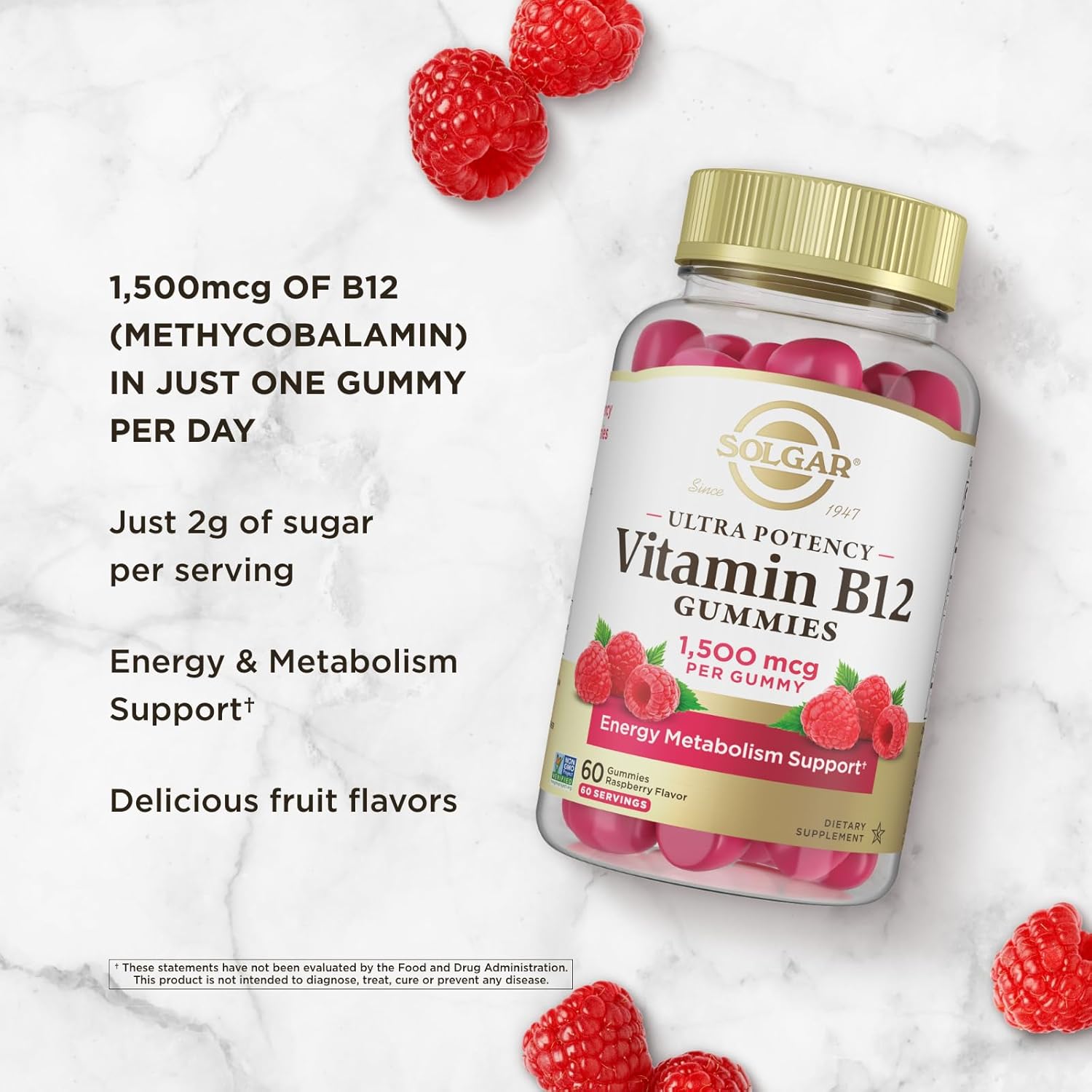 Solgar Methyl B12 Gummies for Adults 1,500mcg Ultra Potency Vitamin for Energy & Metabolism Support, Raspberry Flavor, Vegan & Gluten Free Gummy for Women & Men, 2 Month Supply, 60 Servings, 2g Sugar : Health & Household