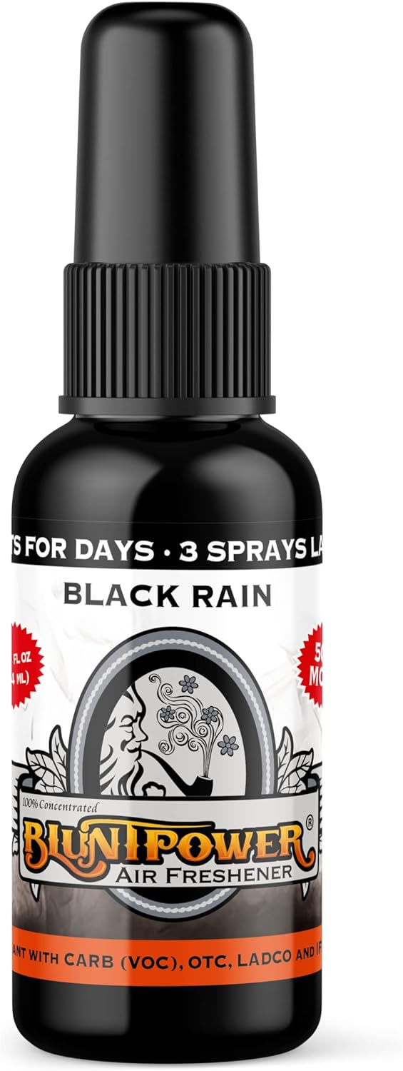 BluntPower (Black Rain, 1 Pack) Concentrated Air Freshener for Room and Car Spray - Oil-Based Diffuser Spray Bottle - Long-Lasting Bathroom Spray, Car Freshener, & Odor Eliminator Spray