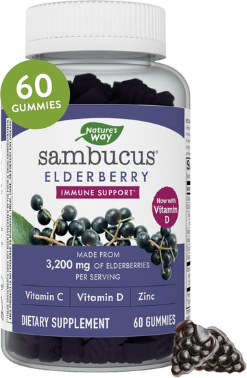 Nature's Way Sambucus Elderberry Gummies, With Vitamin C, Vitamin D and Zinc, Immune Support for Kids and Adults*, 60 Gummies