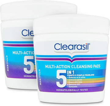 Clearasil 5-In-1 Multi-Action Cleansing Salicylic Acid Pads, Face Exfoliating For Acne Prone Skin, Unblock Pores, Reduces Blackheads, Pimples & Excess Oil, Everyday Spot Prevention, 65's (Pack Of 2)