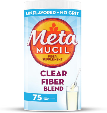 Metamucil Fiber Supplement, Unflavored Clear Mixing Powder, No Grit, No Sugar Added, Plant Based Prebiotic Fiber Blend for Daily Digestive Health, 75 teaspoons