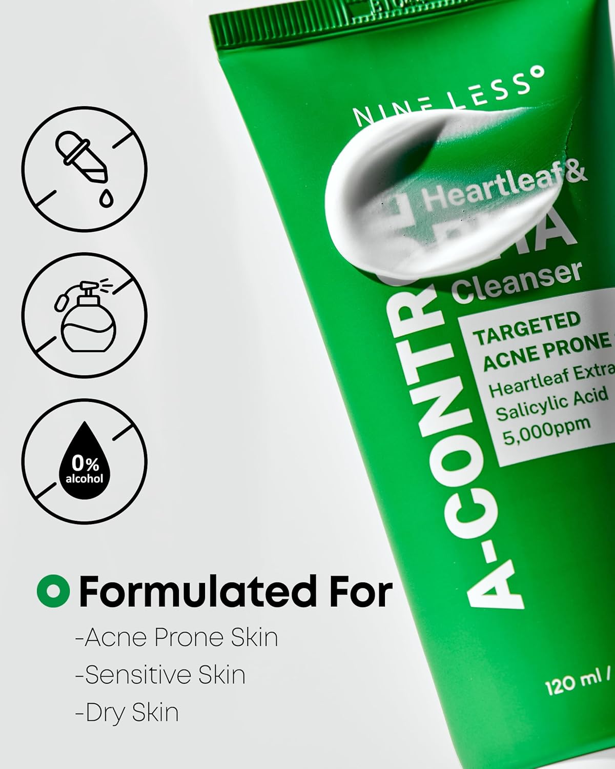 A-Control Heartleaf & Bha Cleanser – Gentle Exfoliating Foam With Salicylic Acid For Clear Skin - Korean Face Wash, Blackhead Remover, Deep Pore Cleansing, 4.05Oz