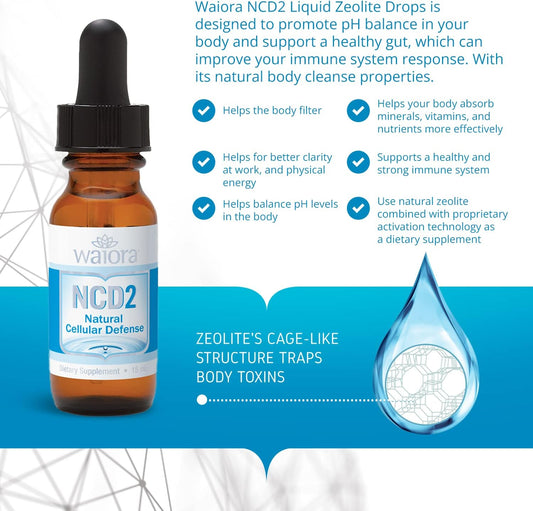 Waiora Ncd2 Activated Liquid Zeolite Drops, Mix In Food/Drinks, Natural Body Cleanse & Promote Immune Support, All Natural, Ph Balance Zeolite Liquid Drops - 1 Bottle (0.5 Oz.) 90 Serv