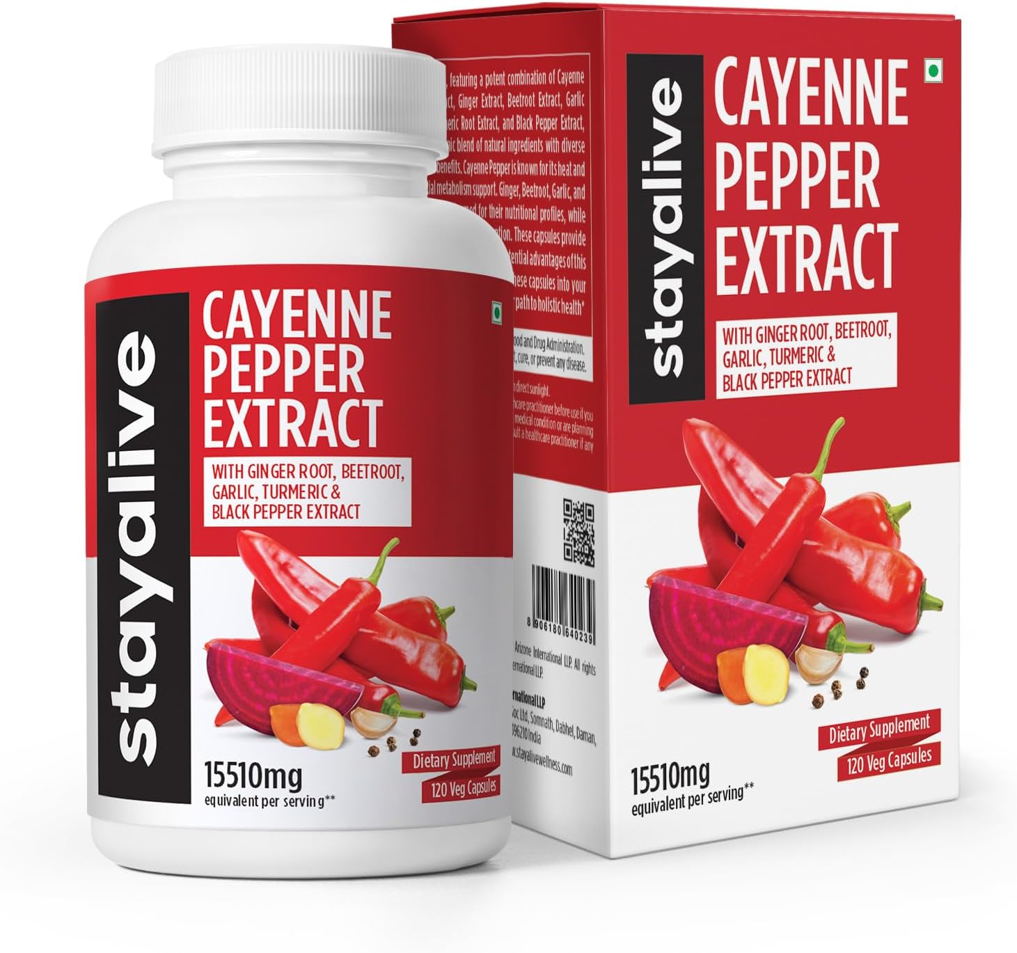 Stay Alive Cayenne Pepper 8000Mg, Ginger 1500Mg, Garlic 1500Mg, Turmeric 1500Mg, Beetroot 3000Mg, Black Pepper, 120 Cayenne Capsules, Support Cardiovascular & Immune System, Capsaicin Supplement Pills