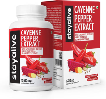 Stay Alive Cayenne Pepper 8000Mg, Ginger 1500Mg, Garlic 1500Mg, Turmeric 1500Mg, Beetroot 3000Mg, Black Pepper, 120 Cayenne Capsules, Support Cardiovascular & Immune System, Capsaicin Supplement Pills