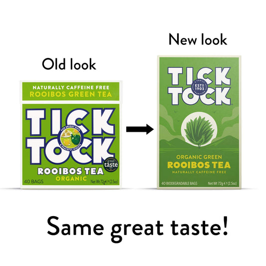 Tick Tock Teas Naturally Caffeine Free Red Bush Herbal Green Tea, 40 Count, Organic Rooibos Green Tea, 2.5 Oz