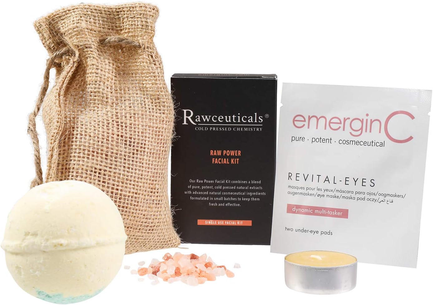 Emerginc At-Home Luxury Spa Kit, Rawceuticals - 5-Piece Skincare + Self Care Set - Raw Power Facial Kit, Revital-Eyes Mask, Essential Oil Bath Bomb, Himalayan Bath Salts + Beeswax Candle