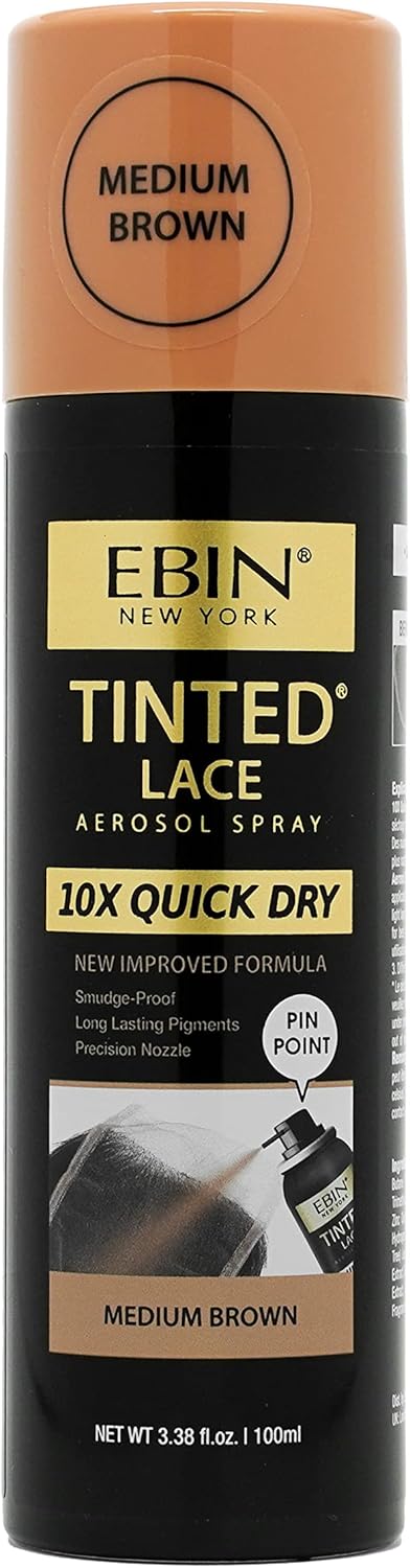 Ebin New York Tinted Lace Spray - Quick Dry, Water Resistant, No Residue, Even Application, Matching Skin Tone, Natural Look (3.38 Oz/100Ml - Medium Brown)