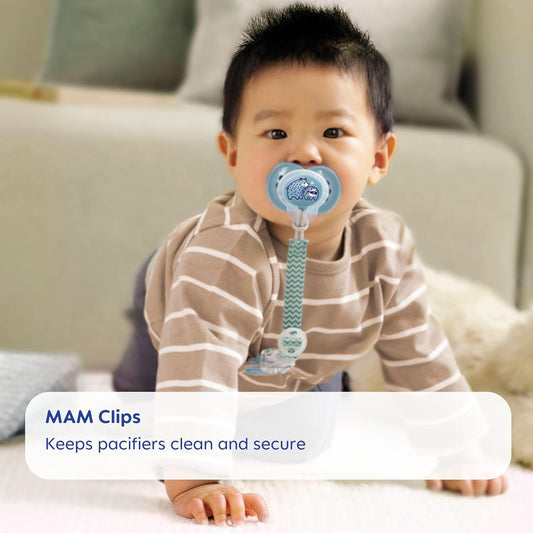 Mam Pacifier Clips (2 Clips), Clips For Pacifiers With Fasteners And Flexible Rings, Pacifier Clips For Boys, Designs May Vary