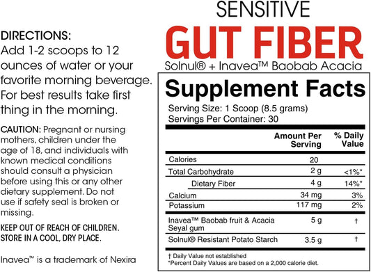 Sensitive Gut Fiber Supplement - Each Tub = 30 Scoops = 30 Day Supply - 6 Grams Of Dietary Fiber Per Serving - With Galactomannan Guar Fiber, Baobab Fruit Powder (1 Tub)