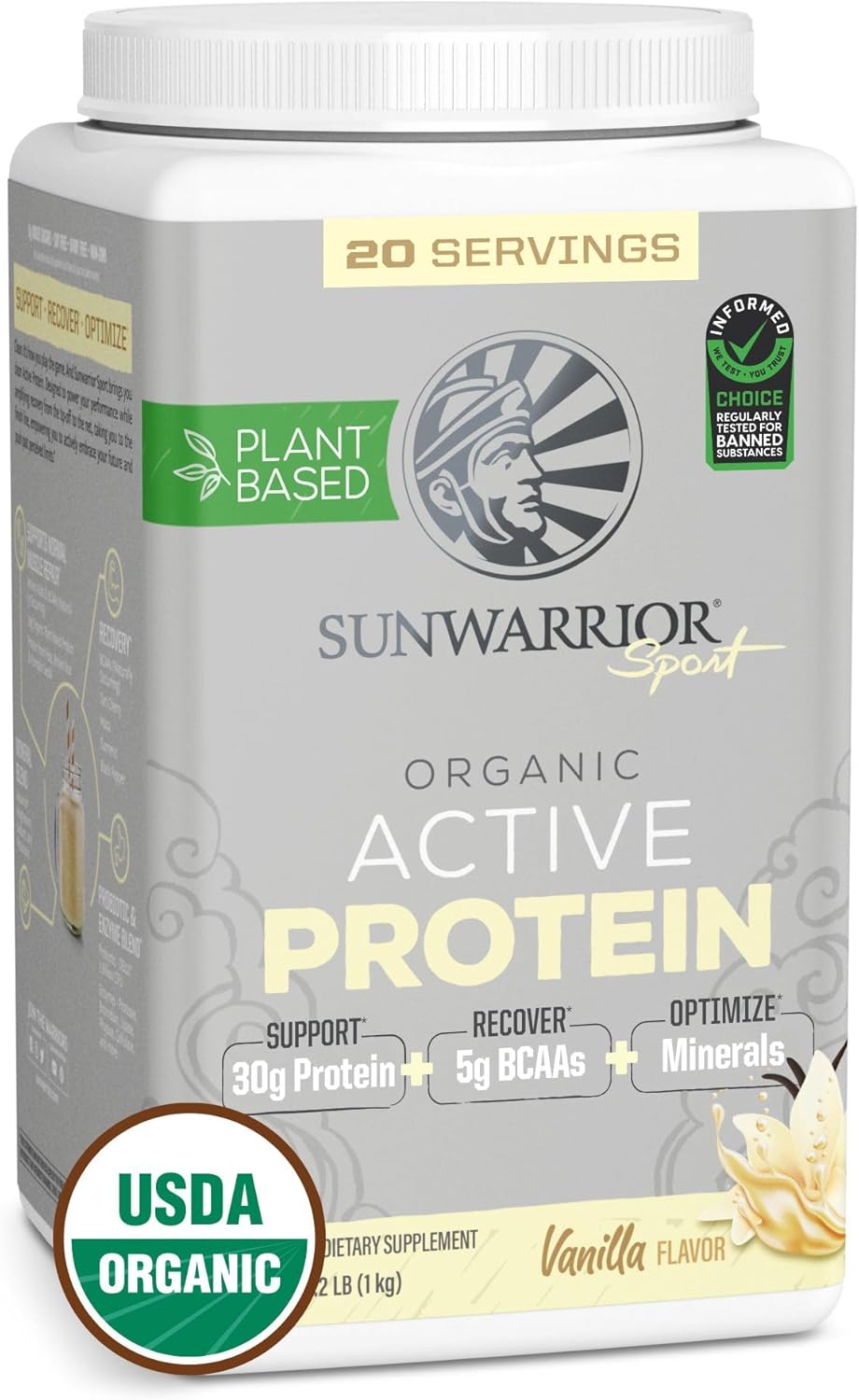 Sunwarrior Vegan Protein Powder Plant-Based Usda Organic Bcaas | Sugar Free Gluten Free Non-Gmo Dairy Free | Vanilla Flavored 20 Servings | Sport Organic Active Protein