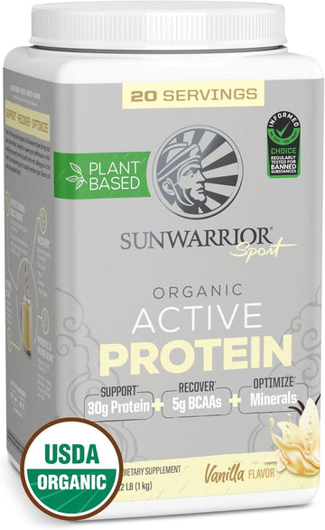 Sunwarrior Vegan Protein Powder Plant-Based Usda Organic Bcaas | Sugar Free Gluten Free Non-Gmo Dairy Free | Vanilla Flavored 20 Servings | Sport Organic Active Protein