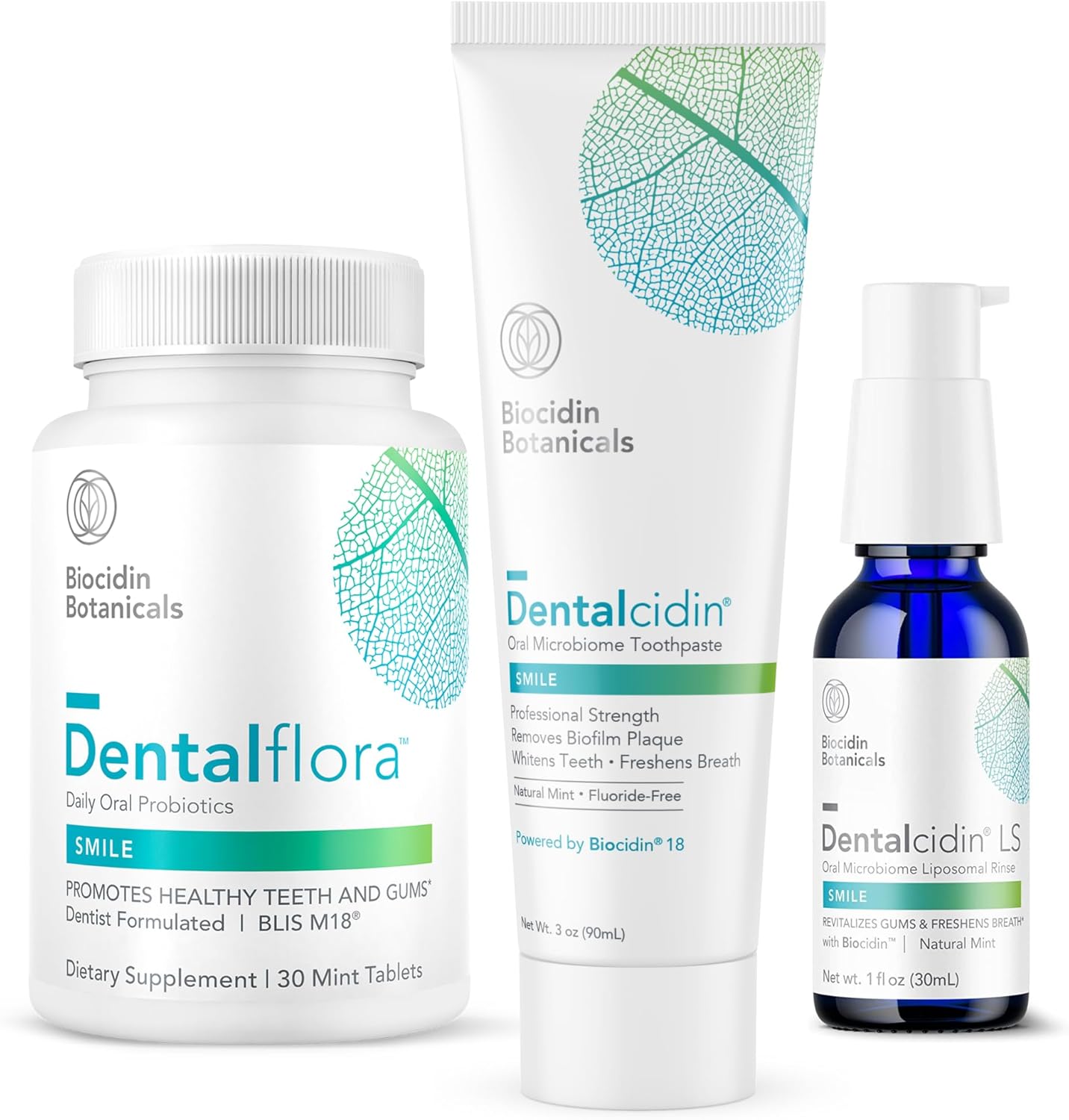 Biocidin Dentalcidin Oral Microbiome Toothpaste (3 Oz) Lsf Mouth Rinse (1 Oz) & Oral Probiotic (30 Tablets) - Help Fight Biofilms & Support Fresh Breath, Healthy Gums & Teeth (3 Products)