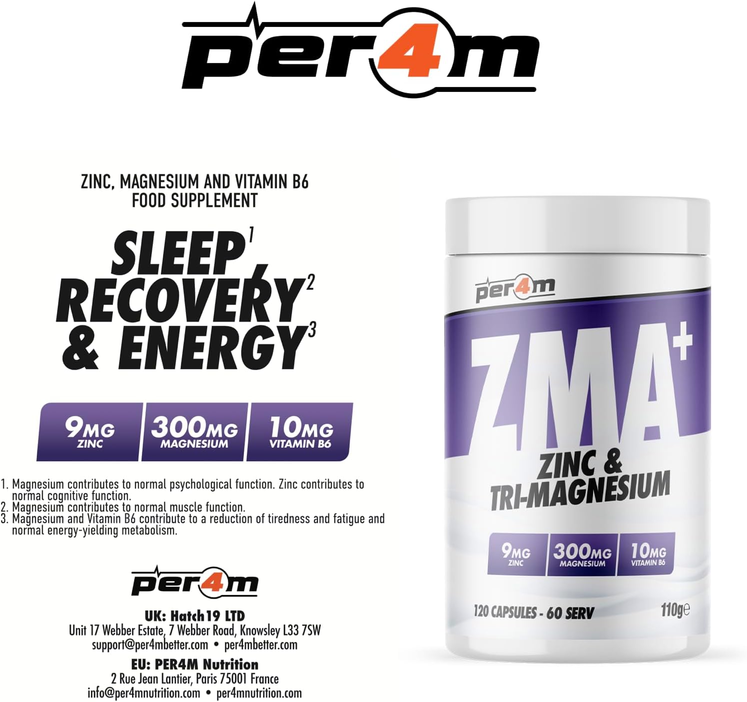 Per4m ZMA Zinc & Tri-Magnesium Formula | Cognitive, Psychological & Muscle Support | 9mg Zinc | 300mg Magnesium| 10mg Vitamin B6 | 60 Servings and 120 Capsules : Amazon.co.uk: Health & Personal Care