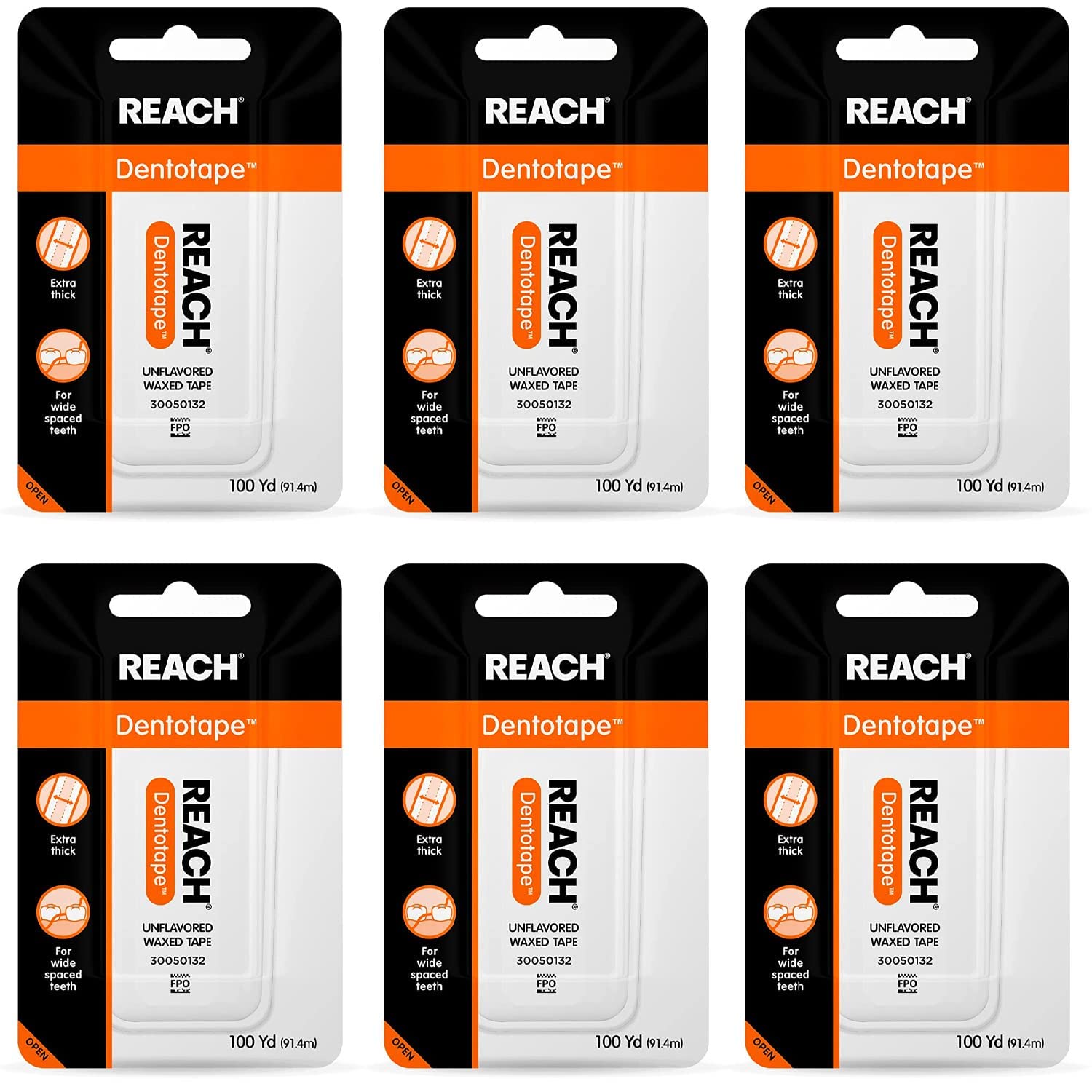 Reach Dentotape Waxed Dental Floss Bundle | Effective Plaque Removal, Extra Wide Cleaning Surface | Shred Resistance & Tension, Slides Smoothly & Easily, PFAS Free | Unflavored, 100 YD, 6pk