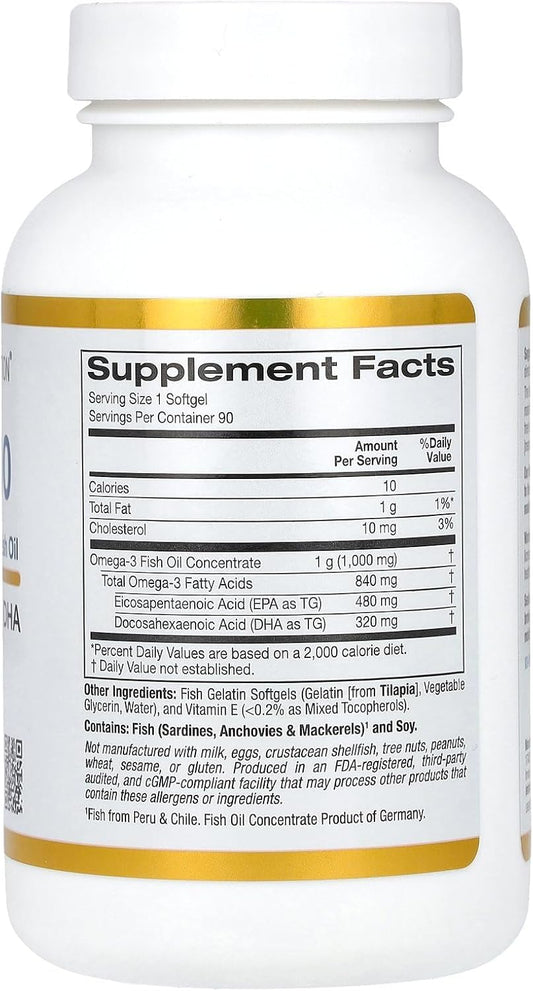 California Gold Nutrition Omega 800 Ultra-Concentrated Omega-3 Fish Oil, Kd-Pur Triglyceride Form, 1,000 Mg, 90 Fish Gelatin Softgels