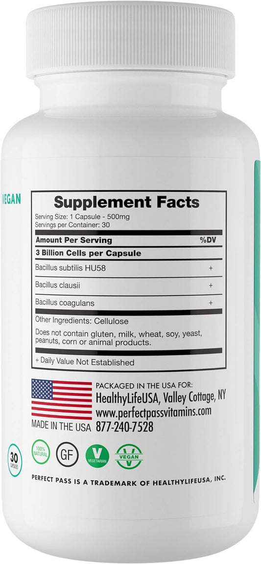 PERFECT PASS Probiotic, Natural Bacillus Spore Human Strains with 100% Survival Rate Through Stomach Acid and Bile for Gut and Digestive Wellness, Vegetarian, 30 Capsules