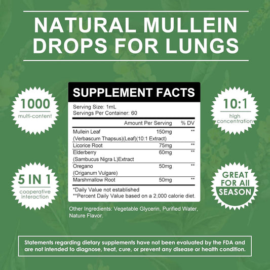 Mullein Drops For Lungs-Lung Detox For Smokers-5-In-1 Herbal Extract Liquid-Mullein Leaf-Lung Cleanse-Respiratory Health Support-Non-Gmo, Vegetarian-2 Fl Oz