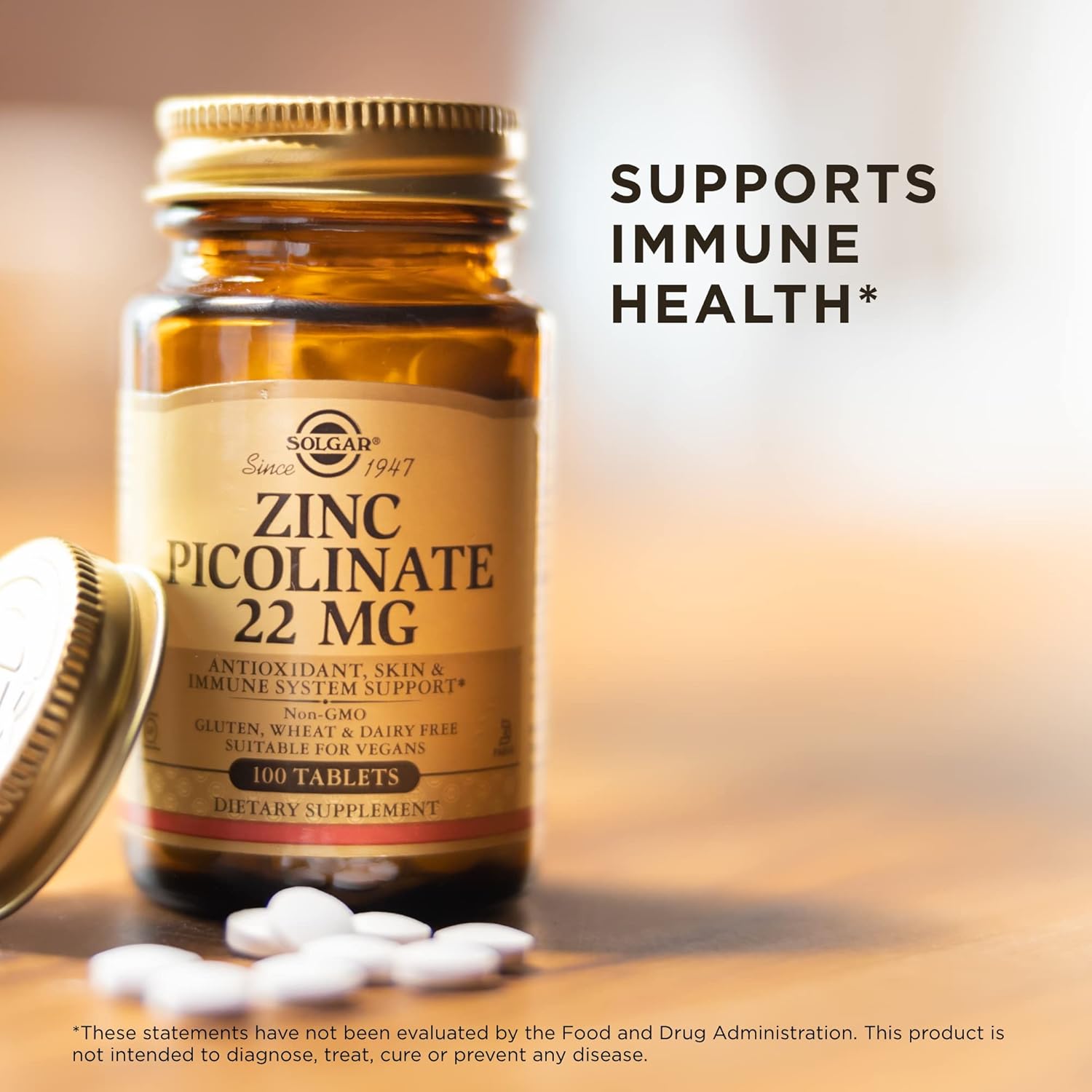 Solgar Zinc Picolinate 22 Mg - 100 Tablets, Pack Of 3 - Antioxidant, Skin & Immune System Support - Non-Gmo, Vegan, Gluten Free, Kosher - 300 Total Servings