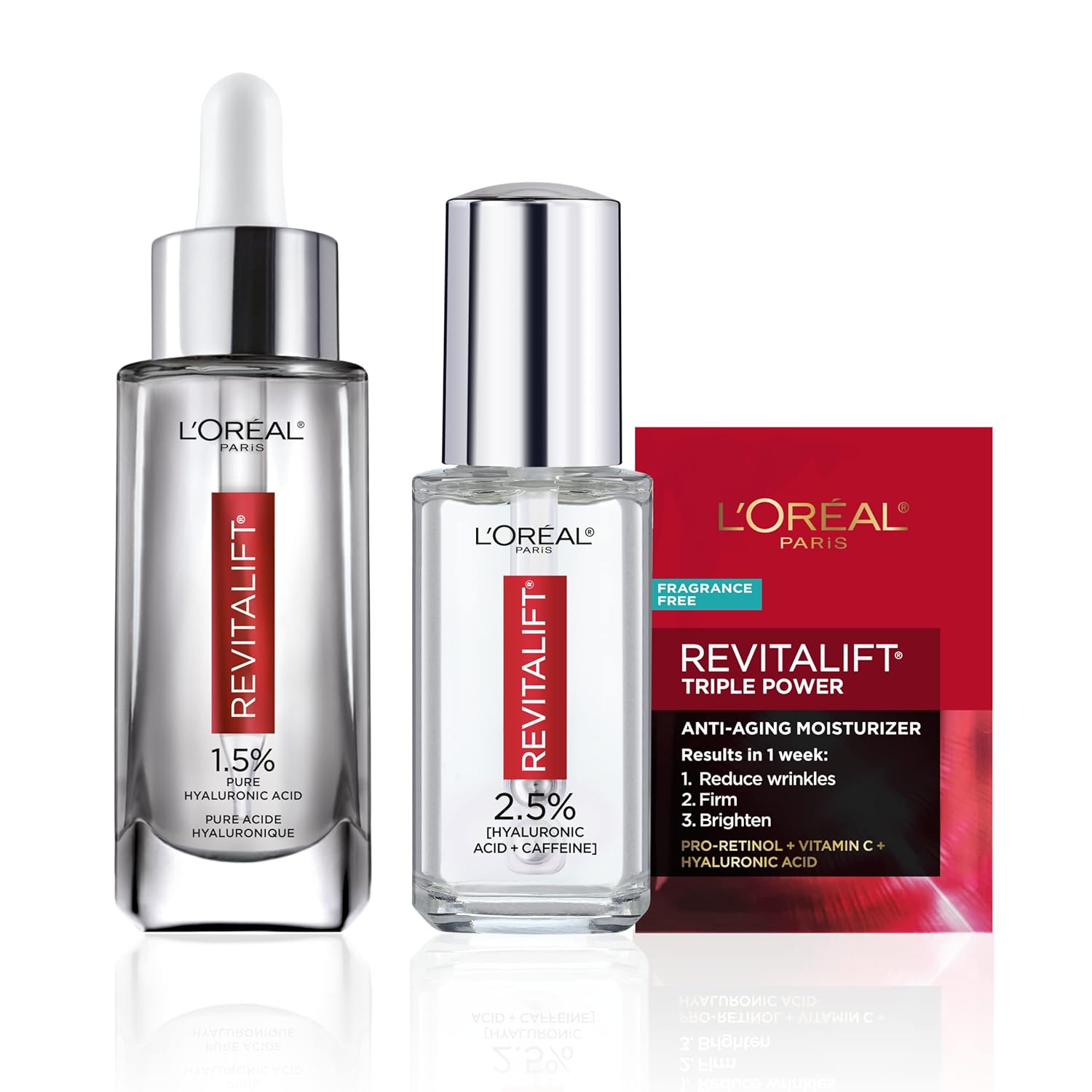 L'Oreal Paris Revitalift 1.5% Pure Hyaluronic Acid Face Serum 1 Oz + Hyaluronic Acid Eye Serum .67 Oz, To Hydrate And Visibly Plump Skin + Moisturizer Sample?