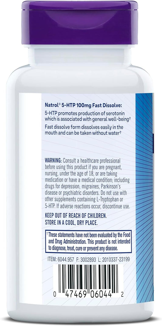 Natrol 5-HTP 100mg, Drug-Free Dietary Supplement Helps Support Balanced Mood, 30 Mixed Berry-Flavored Fast Dissolve Tablets, 15-30 Day Supply